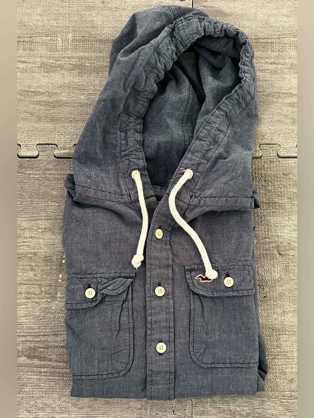 Hollister Men’s M Blue Solid Hooded Collared Long Sleeve Button-Up Pockets